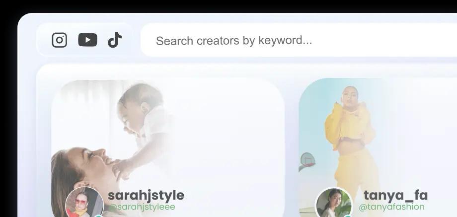 Influencer search interface with Instagram, TikTok and YouTube