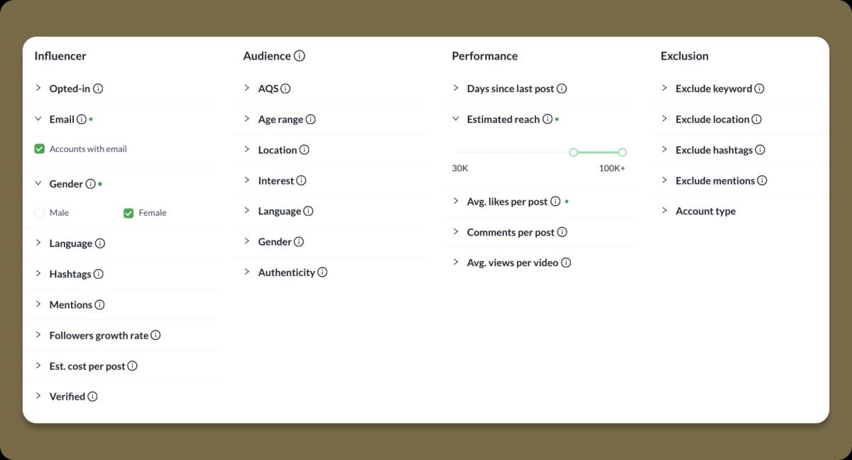 Screenshot of Heepsy's filter options for Instagram influencers.