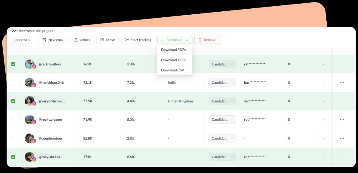 Download icon showing export of an influencer list in CSV format