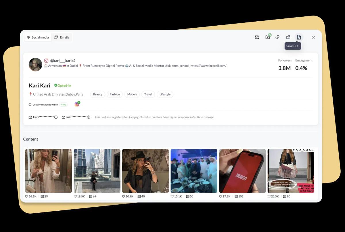 Screenshot of Heepsy's profile analytics download feature, highlighting the option to export detailed influencer data.