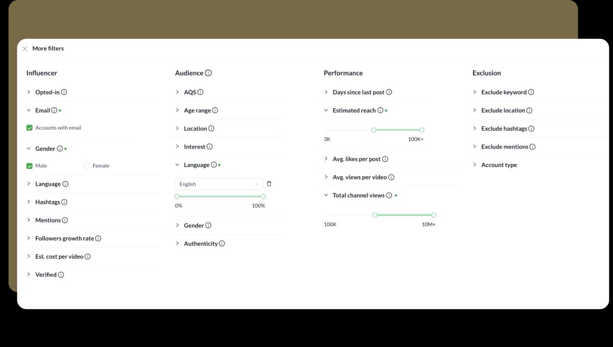 Screenshot of Heepsy's filter options.
